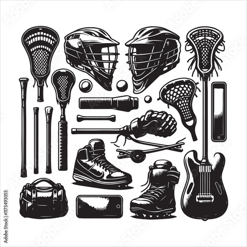 Lacrosse equipment set silhouette. Silhouette set of lacrosse elements vector set on a white background