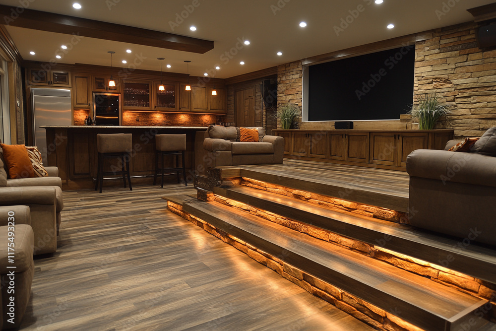 Luxurious Home Theater With Stone Accents And Lit Steps Luxurious Home Theater With Stone Accents And Lit Steps