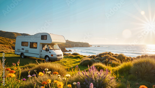 Campervan on coastal meadow at sunset camper van by lake