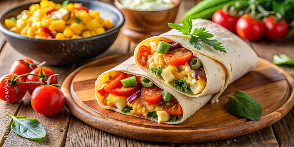 Two delicious vegetable wraps filled with fresh ingredients are placed on a wooden platter. Bright cherry tomatoes and a side of salsa add vibrant colors to the meal Two delicious vegetable wraps filled with fresh ingredients are placed on a wooden platter. Bright cherry tomatoes and a side of salsa add vibrant colors to the meal