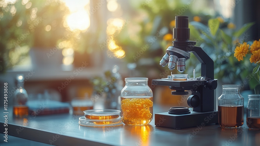 Microscopic Exploration Tools, A microscope, petri dish, and specimen jar arranged on a table, ready for scientific examination and discovery Microscopic Exploration Tools, A microscope, petri dish, and specimen jar arranged on a table, ready for scientific examination and discovery
