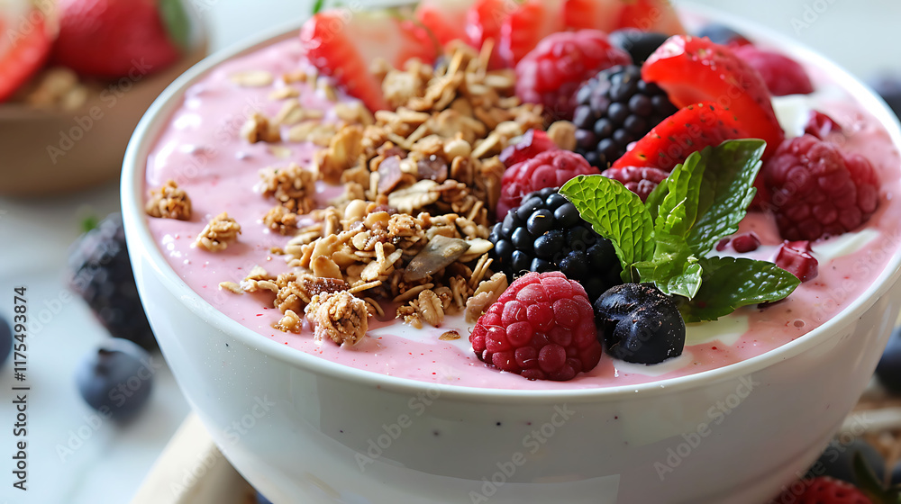 A fresh and vibrant fruit smoothie bowl topped with granola and fresh berries
