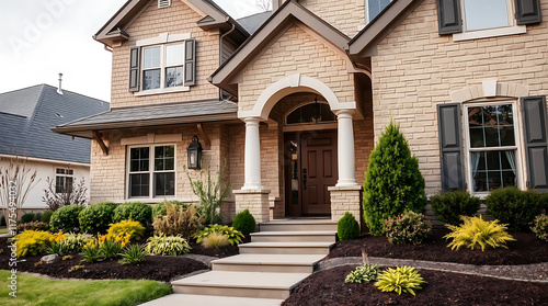 Wallpaper Mural Two-story tan brick house with a dark brown front door, white columns, and landscaping featuring yellow and green shrubs.  Steps lead up to the covered entryway. Torontodigital.ca