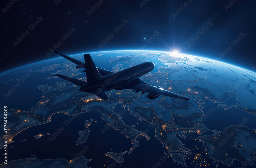 Obraz premium Airplanes flying over planet earth, trajectory lines, flight, night, city lights, view from space