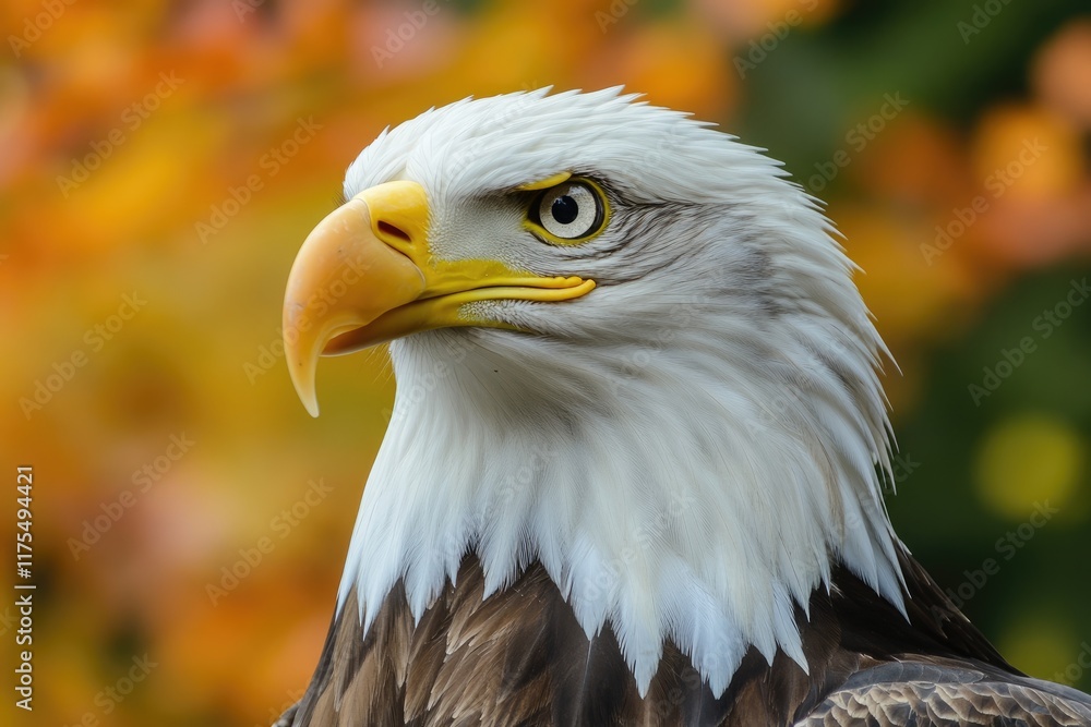 Obraz premium Majestic Bald Eagle Portrait Against Autumnal Background