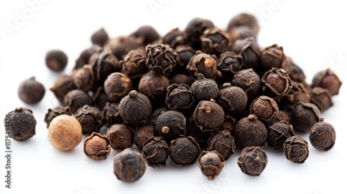 Black peppercorn isolated on clean white background, close-up shot highlighting the texture and details of whole peppercorns for culinary, spice, and food photography concepts photo