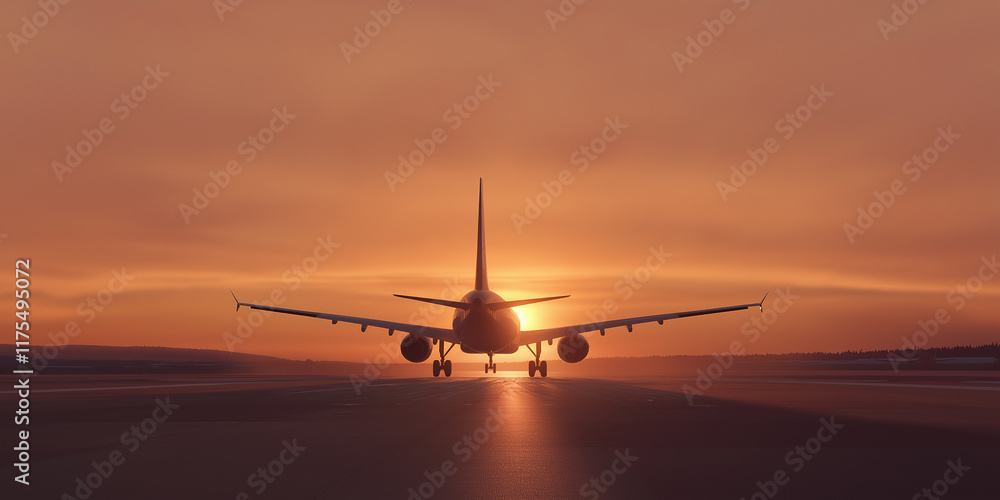An airplane is captured taking off from a runway, silhouetted against a vibrant sunrise that casts dramatic lighting across the landscape and sky. An airplane is captured taking off from a runway, silhouetted against a vibrant sunrise that casts dramatic lighting across the landscape and sky.
