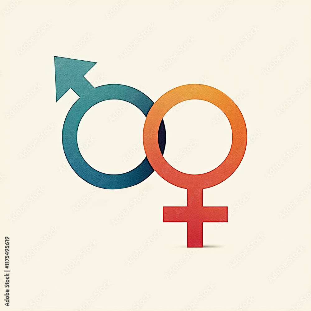 Intertwined male and female gender symbols in blue and orange hues on a light background, symbolizing connection and equality. A concept of gender equality Intertwined male and female gender symbols in blue and orange hues on a light background, symbolizing connection and equality. A concept of gender equality