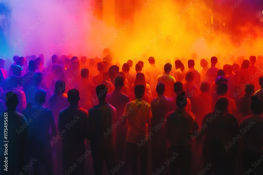Colorful crowd immersed in vibrant hues, creating dynamic atmosp Colorful crowd immersed in vibrant hues, creating dynamic atmosp