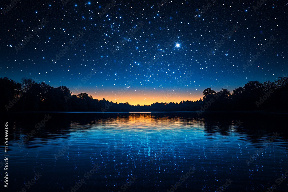 Fototapeta premium Night Sky Stars Reflecting Over Calm Lake