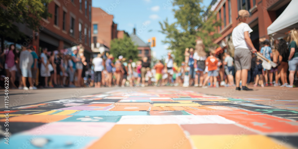 Naklejka premium Vivid street art brightens a city avenue during a lively festival as people mingle in the background, celebrating creativity and community under the summer sun.