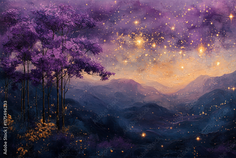 Fototapeta premium Purple Trees Golden Lights Mountain Landscape Painting