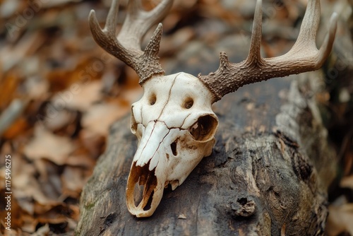 Deer Skull with Antlers Rests on Fallen Log photo