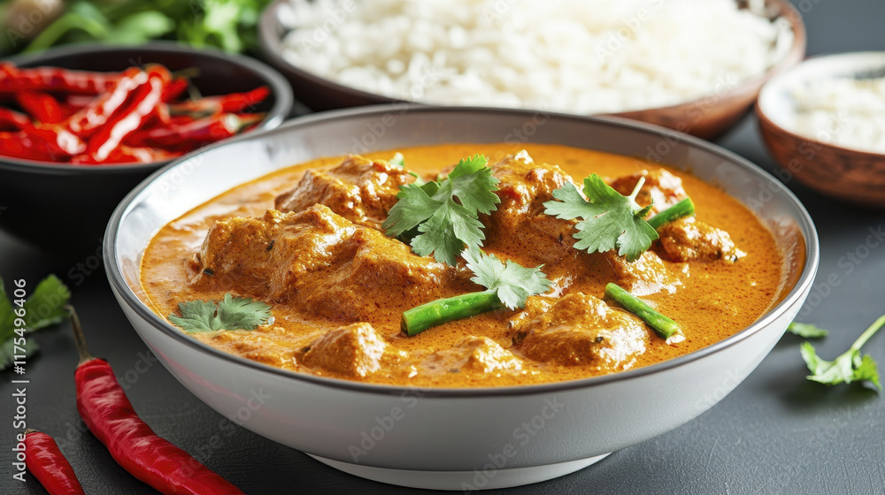 Delicious curry dish with rice, garnished with cilantro and green chilies Delicious curry dish with rice, garnished with cilantro and green chilies