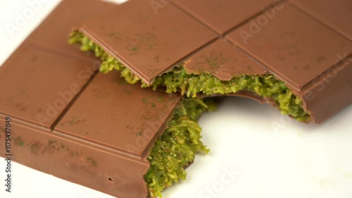 Dubai chocolate bar with green pistachio nuts kadaif dessert.