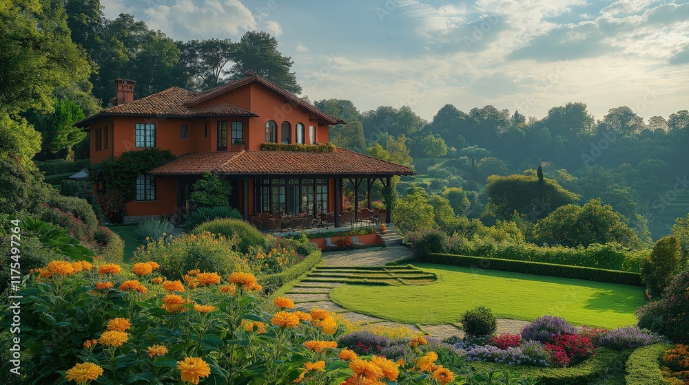 A Stunning High Angle View of a Beautiful House Surrounded by Lush Greenery and Vibrant Flowers on a Sunny Summer Day A Stunning High Angle View of a Beautiful House Surrounded by Lush Greenery and Vibrant Flowers on a Sunny Summer Day