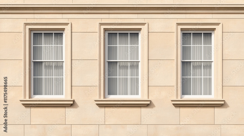 Three Elegant Sash Windows on a Beige Stone Facade Three Elegant Sash Windows on a Beige Stone Facade