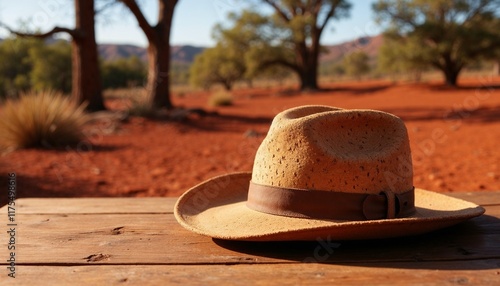 Classic Australian cork hat on wooden table, rustic mood, in the outback with copy space photo