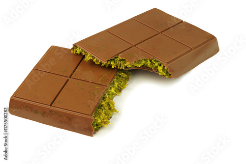 Dubai chocolate bar with green pistachio nuts kadaif dessert .