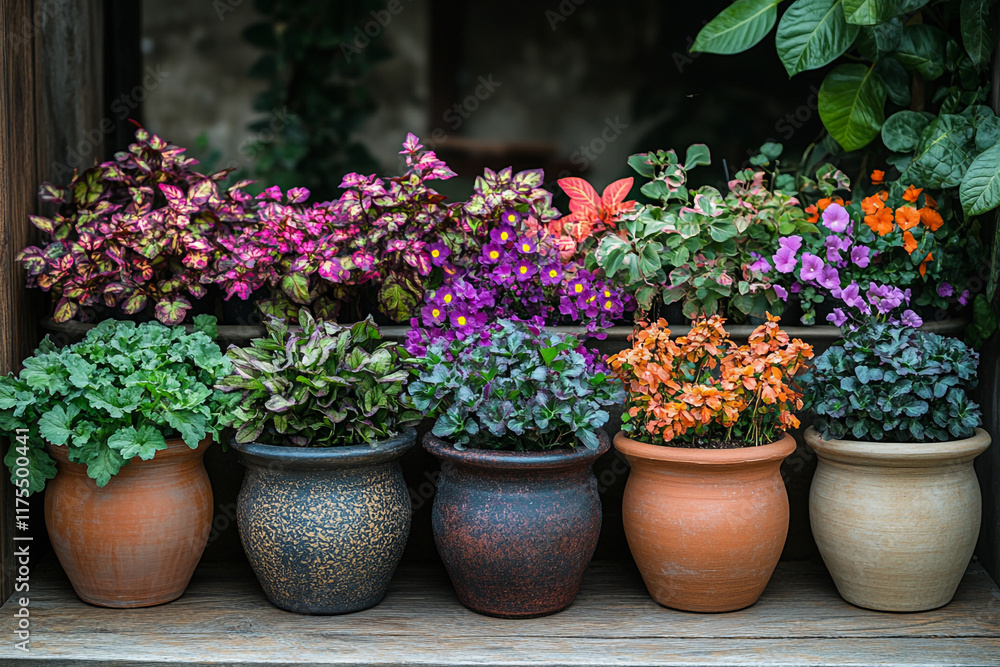 Colorful potted plants arranged on a wooden shelf Colorful potted plants arranged on a wooden shelf