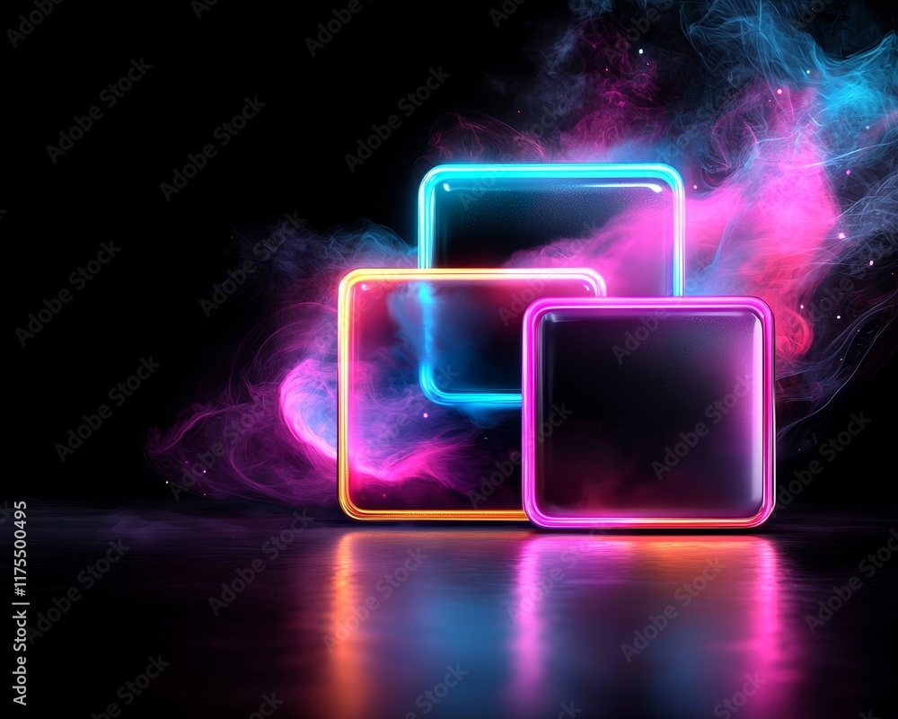 Vibrant Neon Squares Glowing in Abstract Smoke Futuristic Digital Art Background Vibrant Neon Squares Glowing in Abstract Smoke Futuristic Digital Art Background