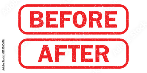 Before and after red grunge rectangle set. Set of words vector illustrations isolated on white background. Before after grunge symbol text seal, mark, label design. Vector illustration. EPS 10
