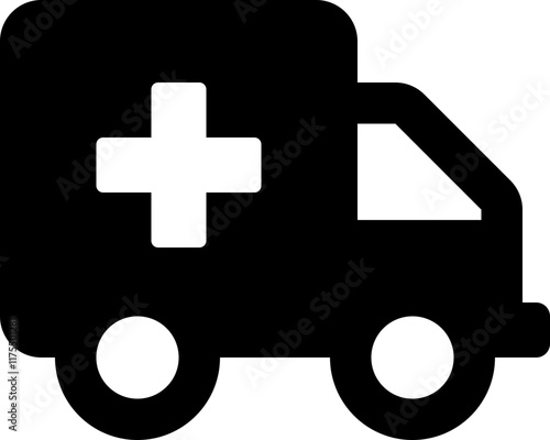 flat black ambulance icon, solid monochrome vector symbol for emergency medical services, first aid, paramedics, healthcare, urgent response, hospital transport, medical assistance, rescue