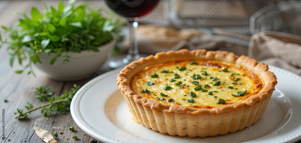 A savory quiche sits on a white plate, garnished with fresh herbs. A glass of red wine and a bowl of green herbs accompany it, creating a warm atmosphere A savory quiche sits on a white plate, garnished with fresh herbs. A glass of red wine and a bowl of green herbs accompany it, creating a warm atmosphere