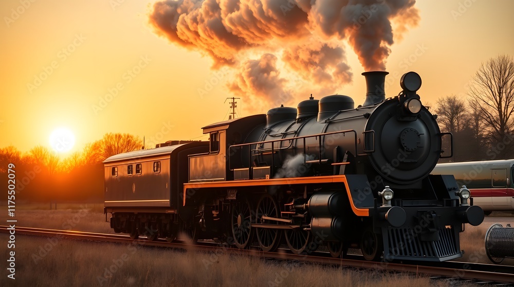 Fototapeta premium stock photo A graceful, elegant steam engine locomotive at sunset, billowing smoke. Natural earth tones, warm golden hour light, soft light, browns, beiges, and muted colors. 