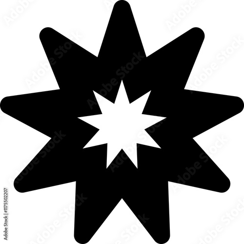 flat black bahai star icon, solid monochrome vector symbol for faith, spirituality, religion, unity, Bahá'í beliefs, divine guidance, sacred symbols, harmony, enlightenment, and world peace