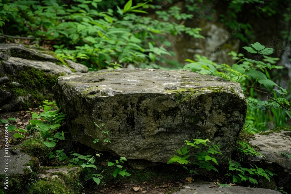 Large moss covered rock creating a natural pedestal in a vibrant green forest environment Large moss covered rock creating a natural pedestal in a vibrant green forest environment
