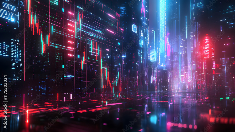 Glowing stock market chart overlayed on a futuristic cityscape Glowing stock market chart overlayed on a futuristic cityscape