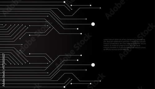 Modern abstract vector design featuring sleek circuit lines and dots on a dark black background. Ideal for technology visuals, digital innovation concepts, and futuristic design projects.