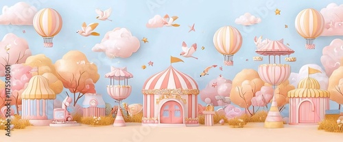 Whimsical fairytale landscape with pastel-colored hot air balloons, carousels, and trees.