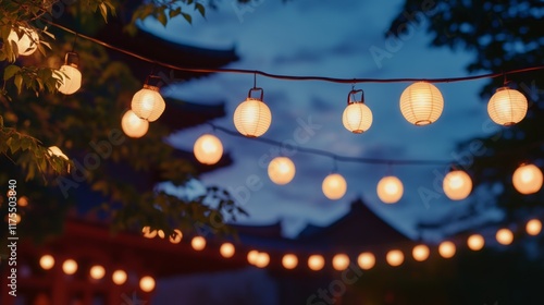 Enchanted Evening Lights: Paper Lanterns Illuminate a Serene Scene photo