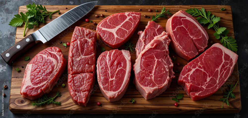 Fresh cuts of beef are arranged on a wooden cutting board, accompanied by herbs and spices. A sharp knife rests beside the meat, highlighting the quality and freshness of the ingredients Fresh cuts of beef are arranged on a wooden cutting board, accompanied by herbs and spices. A sharp knife rests beside the meat, highlighting the quality and freshness of the ingredients