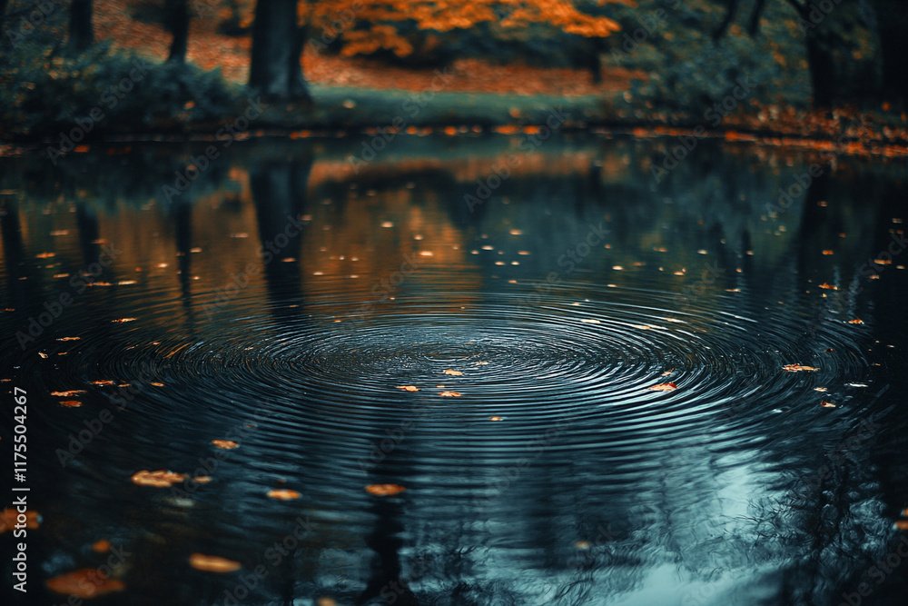 Autumn Leaves Fall Creating Ripples In Dark Pond Water Autumn Leaves Fall Creating Ripples In Dark Pond Water