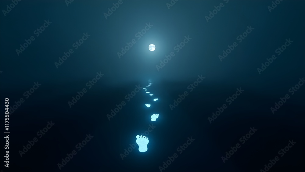 Obraz premium A minimalist depiction of a journey with glowing footprints on a dark path
