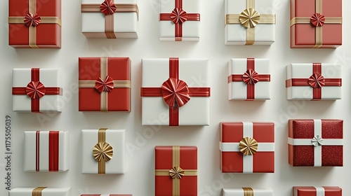 Red and White Christmas Gifts, Festive Holiday Presents, Wrapped Boxes, Decorative Bows, Celebration Pattern photo