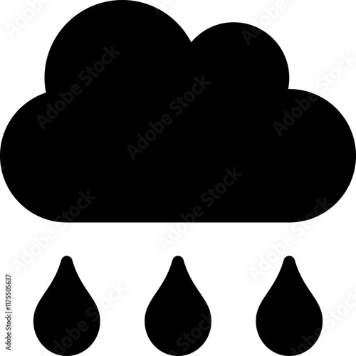 flat cloud rain icon, black vector moderate rainfall symbol, solid monochrome graphic for drizzles, steady precipitation, rainy day forecasts, seasonal weather conditions