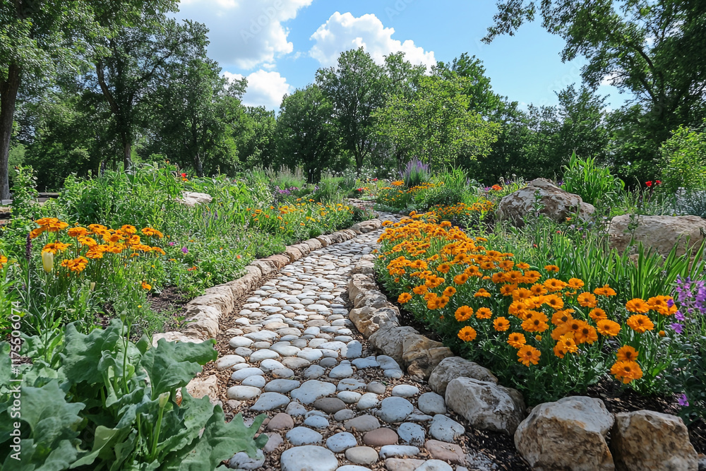 Obraz premium Stone Path Through A Vibrant Garden Landscape