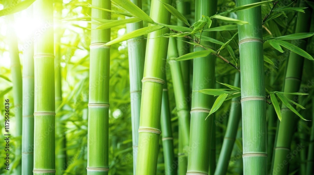 Fototapeta premium Lush green bamboo stalks illuminated by sunlight.