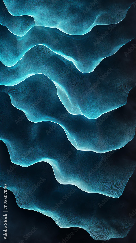 Obraz premium Abstract glowing wave in shades of cool blue and teal on a textured dark gray background, creating a futuristic and ethereal ambiance. 