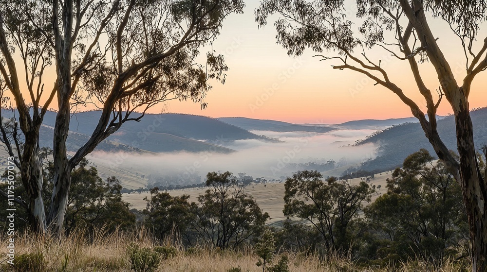 Misty Valley Sunrise: A breathtaking view of a valley cloaked in mist, illuminated by the soft glow of sunrise. Framed by the silhouettes of trees. Misty Valley Sunrise: A breathtaking view of a valley cloaked in mist, illuminated by the soft glow of sunrise. Framed by the silhouettes of trees.