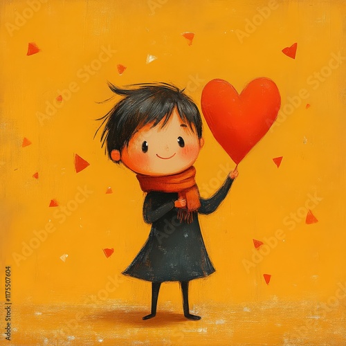Adorable Child Holding a Heart-Shaped Balloon on Yellow.