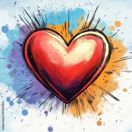 Radiant Red Heart with Colorful Splashes and Rays.