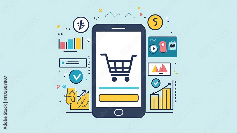 A smartphone displaying a shopping cart icon on the screen with digital marketing elements like charts and icons surrounding it A smartphone displaying a shopping cart icon on the screen with digital marketing elements like charts and icons surrounding it