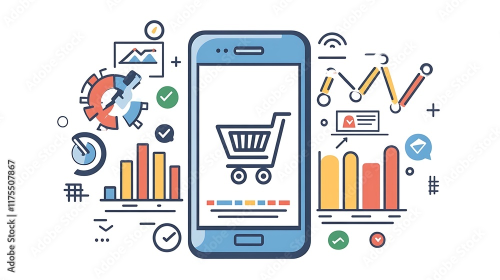 A smartphone displaying a shopping cart icon on the screen with digital marketing elements like charts and icons surrounding it A smartphone displaying a shopping cart icon on the screen with digital marketing elements like charts and icons surrounding it