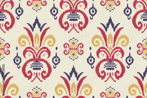Traditional sari and shawl with ikat floral embroidery, ethnic oriental design, seamless fabric pattern with abstract textures for clothing, wrapping, and decoration.