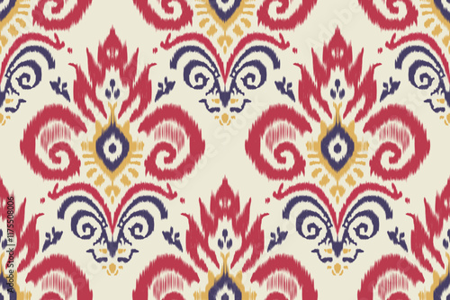 Traditional sari and shawl with ikat floral embroidery, ethnic oriental design, seamless fabric pattern with abstract textures for clothing, wrapping, and decoration.
